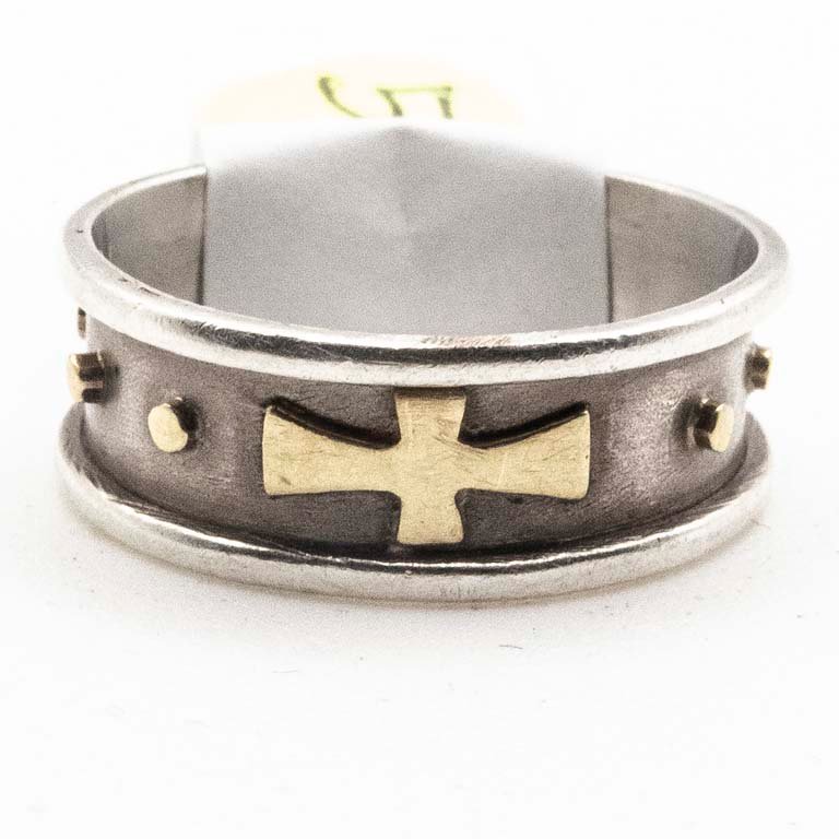 Anillo Doble Oro y Plata con Detalles Cruzados
