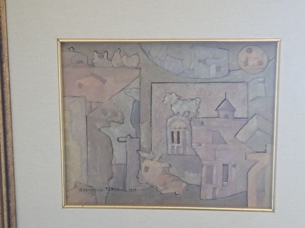 Técnica mixta de Javier Velazquez, obra abstracta con paisaje urbano