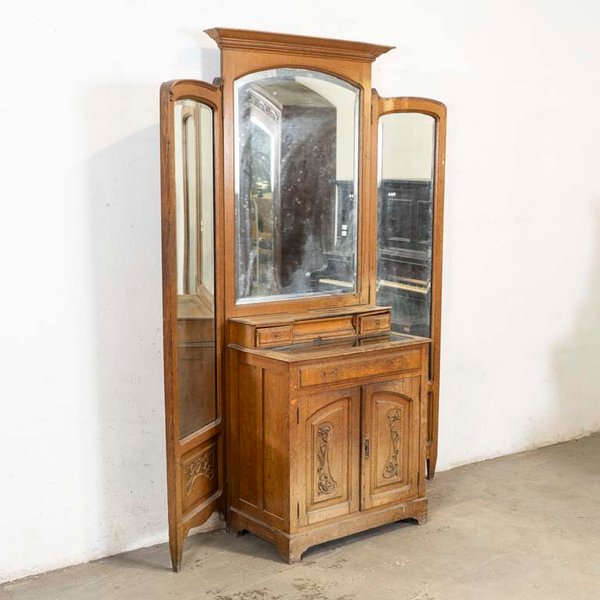 Recibidor Antiguo Art Nouveau de Roble con Alzada, Espejo Biselado y Detalles