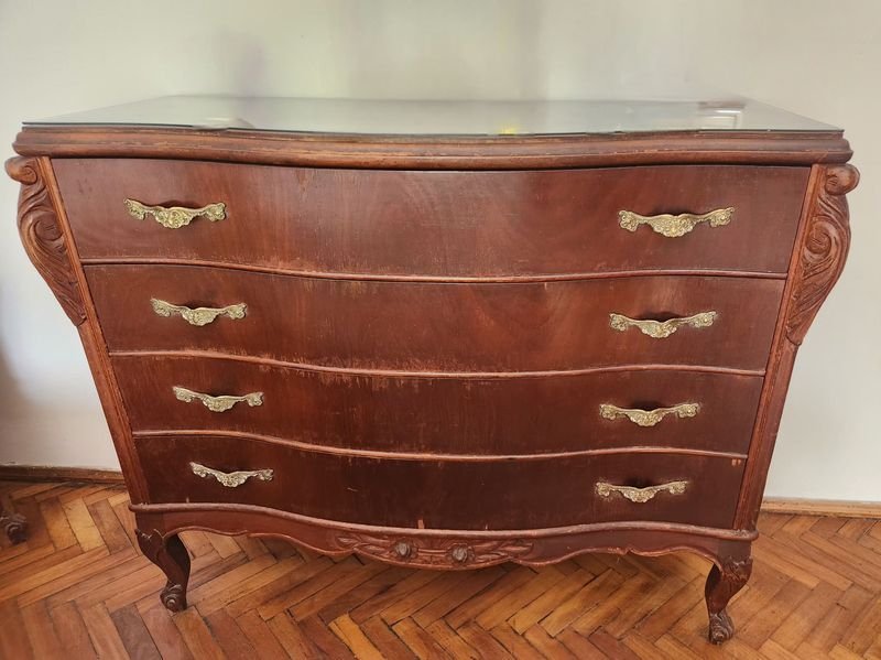 Cómoda Antigua de Madera con 4 Cajones y Tapa de Cristal