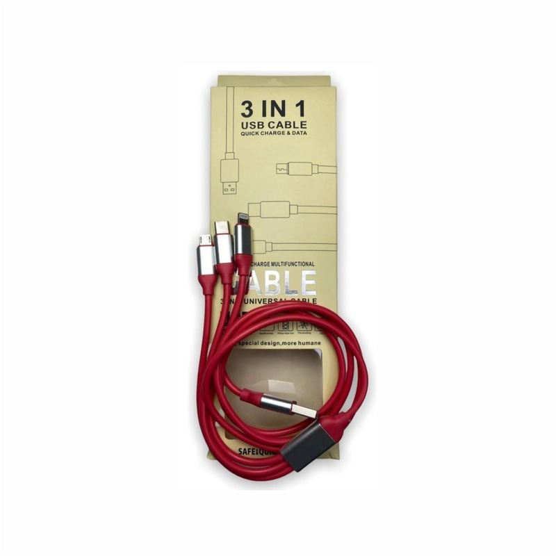 Cable USB Triple Carga Rápida y Datos 1 Metro Rojo