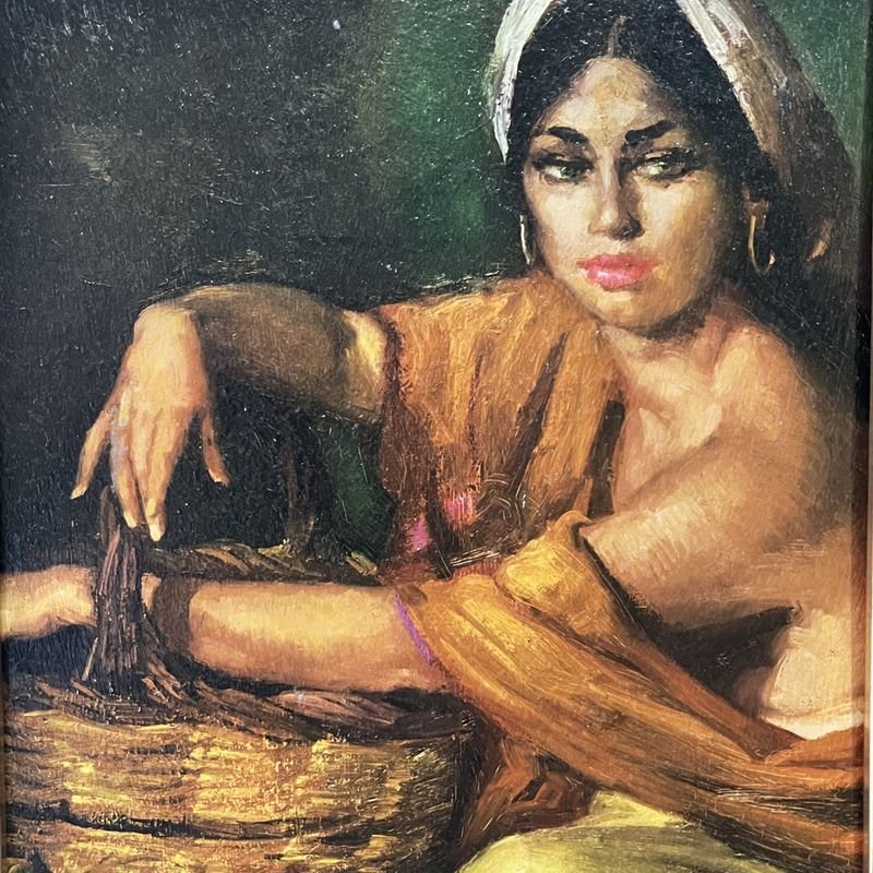 Pinturas de mujer con cesta y óleo sobre papel - imagen 3