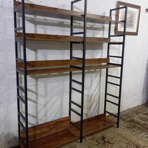 Estantería Doble Metálica Negra con Estantes de Madera MDF - imagen 3