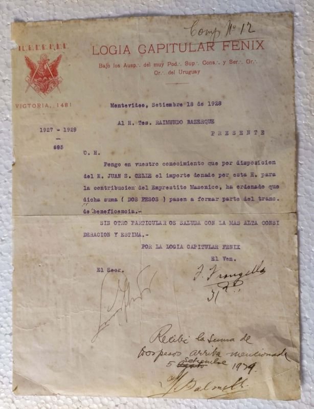 Documento Masonico Uruguayo Logia Capitular Fenix 1928