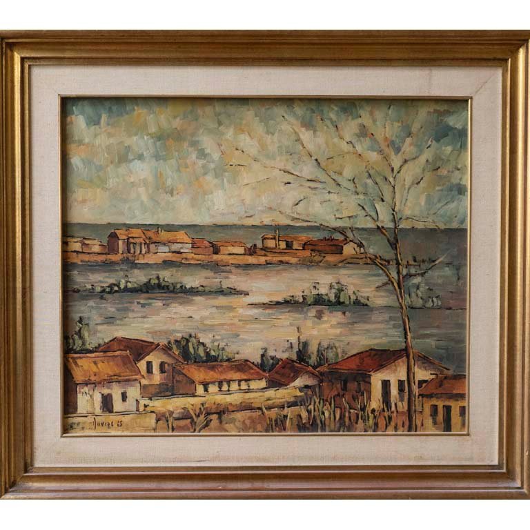 Pintura "Pueblo Costero" de Davies 85, Óleo sobre Lienzo