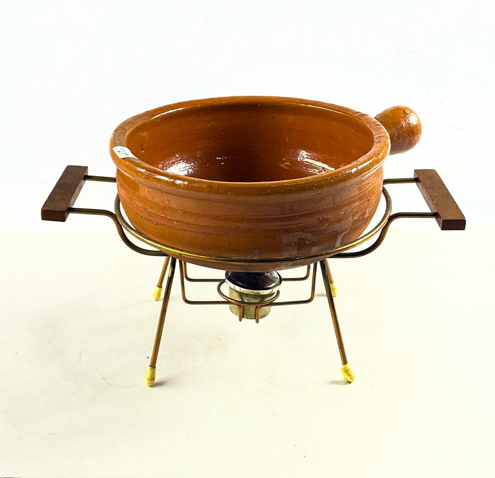 Olla Fondue de Cerámica Marrón con Soporte Metálico y Quemador