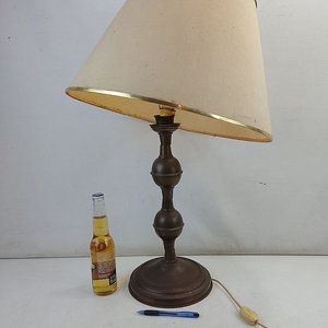 Lámpara de Mesa Antigua Metal Patinado Doble Balaustre Pantalla Dorada - imagen 3