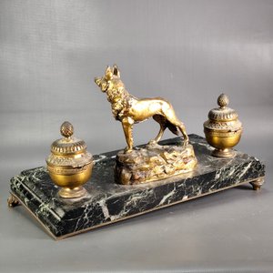 Tintero de Escritorio en Mármol y Bronce con Figura de Perro Firmada A. Marionnet - imagen 7