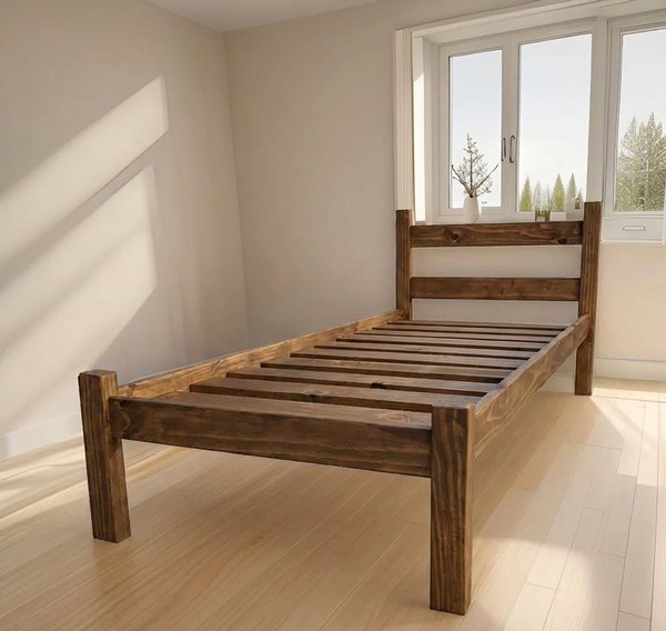 Cama de Una Plaza en Pino Barnizado Color Nogal