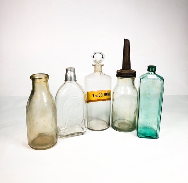 Lote de 5 Frascos y Botellones de Vidrio Hialino Antiguos - imagen 1