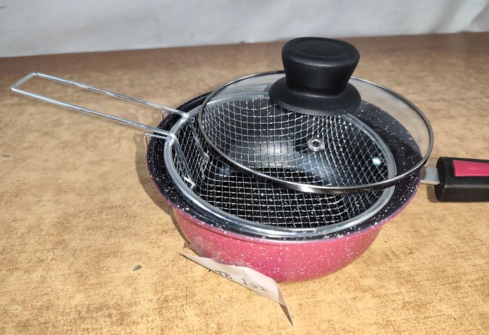 Cacerola esmalta con tapa de vidrio y canasto fritador, 18cm, nueva - imagen 3