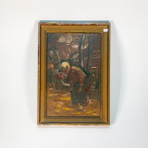 Cuadro Óleo sobre Fibra: Anciano Encorvado, Marco de Madera y Yeso - imagen 1