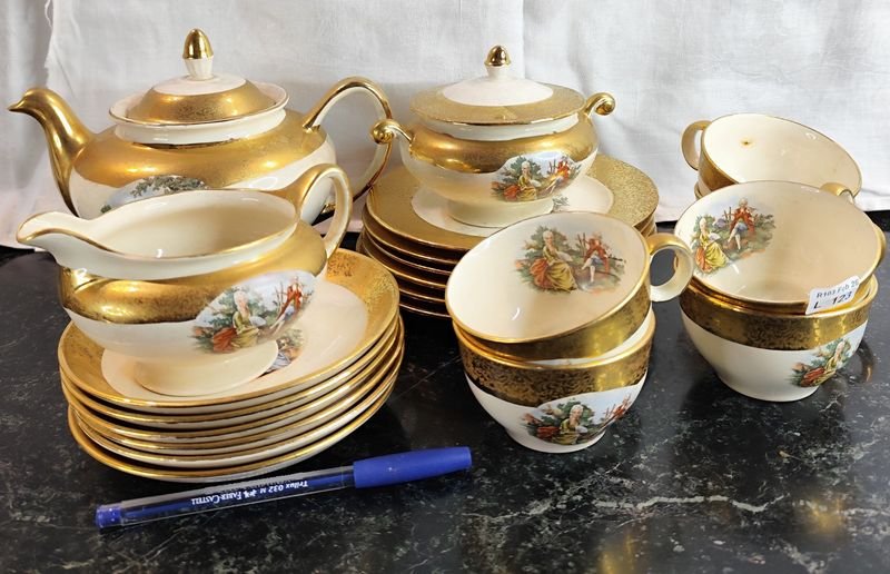 Set de té bañado en oro 22 kt. - Hermoso conjunto de porcelana - imagen 5