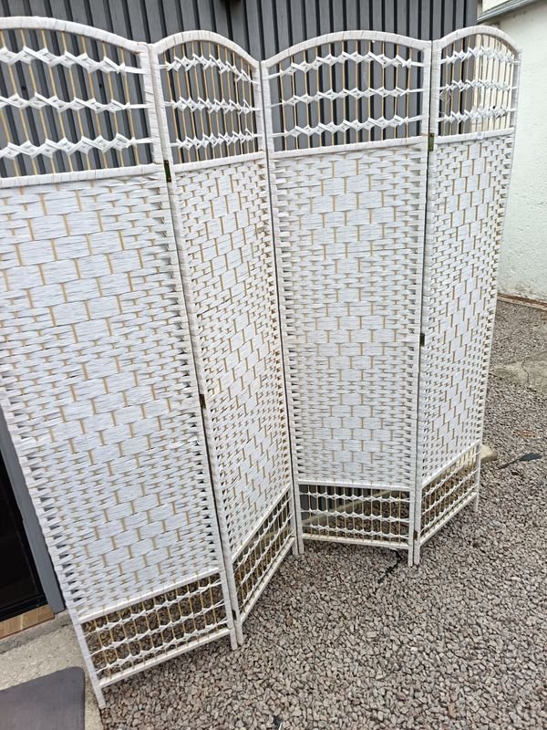 Biombo Plegable Blanco Tejido Bambú y Tela