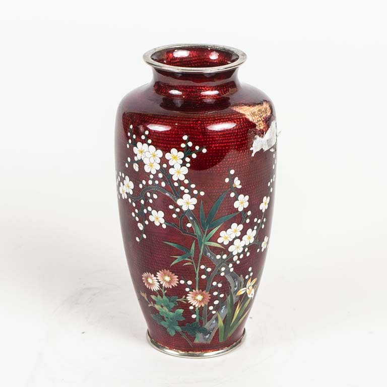 Florero de Metal y Esmalte Rojo con Flores - 21 cm