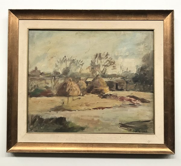 Óleo sobre lienzo "Escena Campestre" de Dante Cola con marco dorado - imagen 1