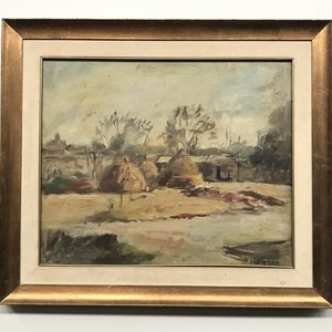 Lote siguiente: Óleo sobre lienzo "Escena Campestre" de Dante Cola con marco dorado
