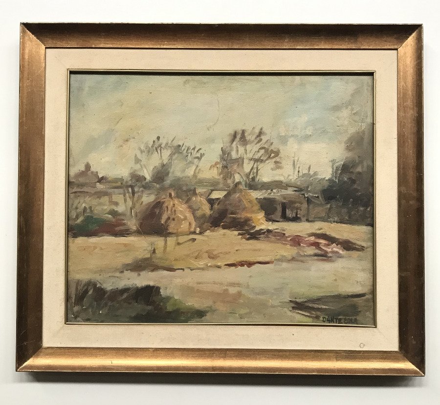 Óleo sobre lienzo "Escena Campestre" de Dante Cola con marco dorado