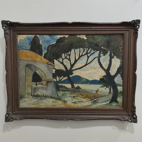 Oleo sobre Lienzo: Paisaje con Árboles y Mar, Firmado J. Hernández, Marco Tallado