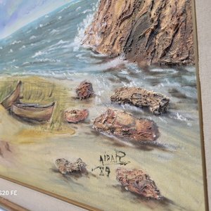 Cuadro al óleo: Playa con barcos y rocas, 72x62cm - imagen 3