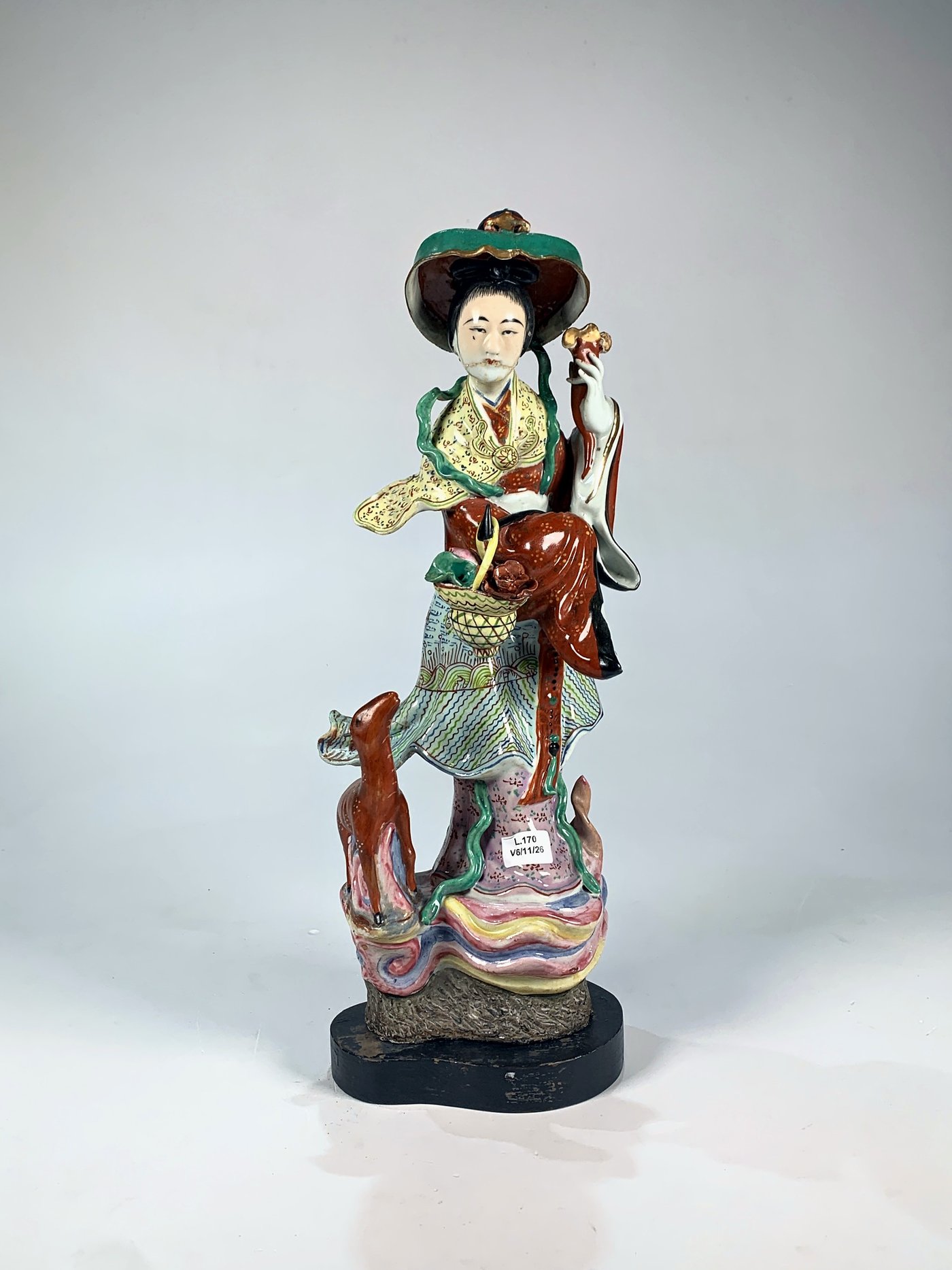 Figura China Porcelana Diosa Magu Longevidad Base Madera 39cm