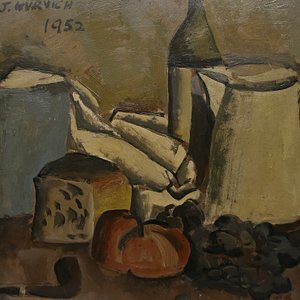Bodegón con Jarra Blanca de José Gurvich - Óleo sobre Cartón Firmado y Fechado 1952 - imagen 1