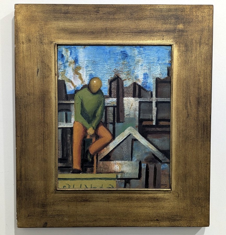 Óleo sobre Fibra "Figura Urbana" de Gustavo Alamon, Firmado y con Marco Dorado