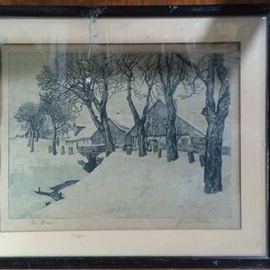 Lote siguiente: grabado enmarcado que representa un paisaje rural invernal