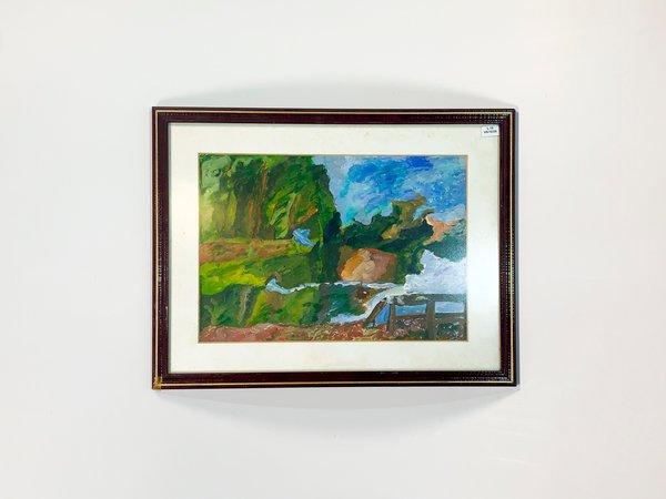 Cuadro Acuarela Paisaje Campestre con Cascada, Firmado "Dalma" - imagen 1
