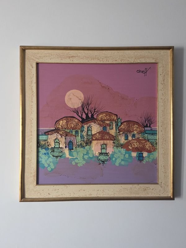 Gran Óleo "Pueblo al Atardecer" de Aneff, 60x60 cm