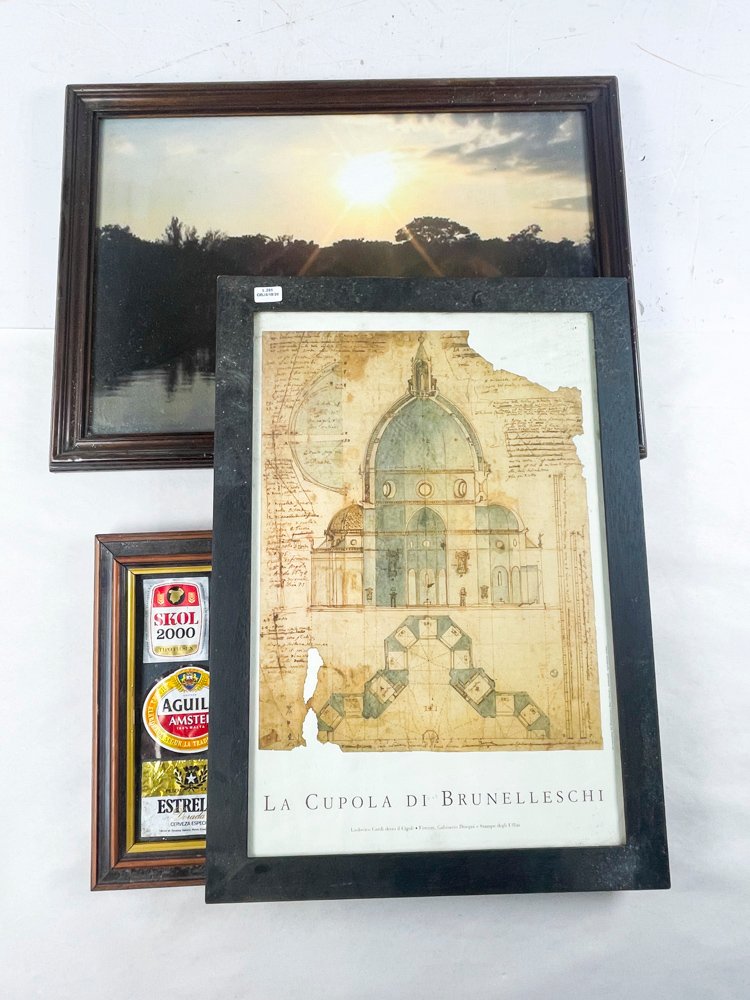 Lote de Tres Cuadros: Paisaje con Sol, Cúpula de Brunelleschi y Etiquetas de Cerveza