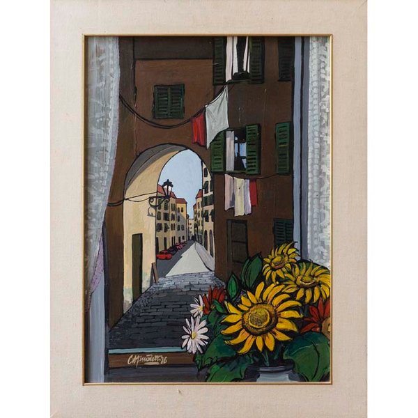 Pintura "Pueblo Italiano" al Óleo, Firma Ilegible