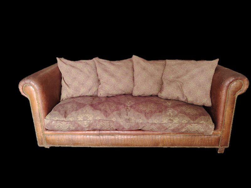 Antiguo Sofá de Cuero y Gobelino con Detalles Vintage