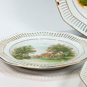 Juego de postre de porcelana alemana Schumann con paisaje y guarda calada - imagen 2