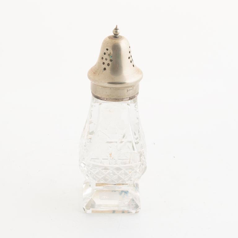 Azucarero de Cristal Tallado con Tapa de Plata