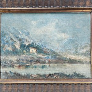 Óleo sobre lienzo: Paisaje Montañoso con Casa y Firma Ilegible - imagen 3