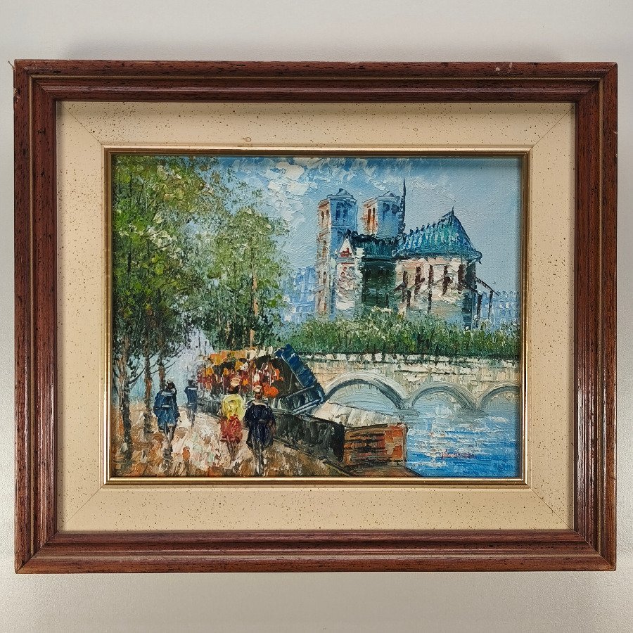 Óleo "Rio Sena, Paris" firmado Burnett con marco de madera