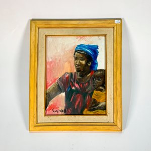 Cuadro al óleo: Dama y niño afro, firmado - imagen 1