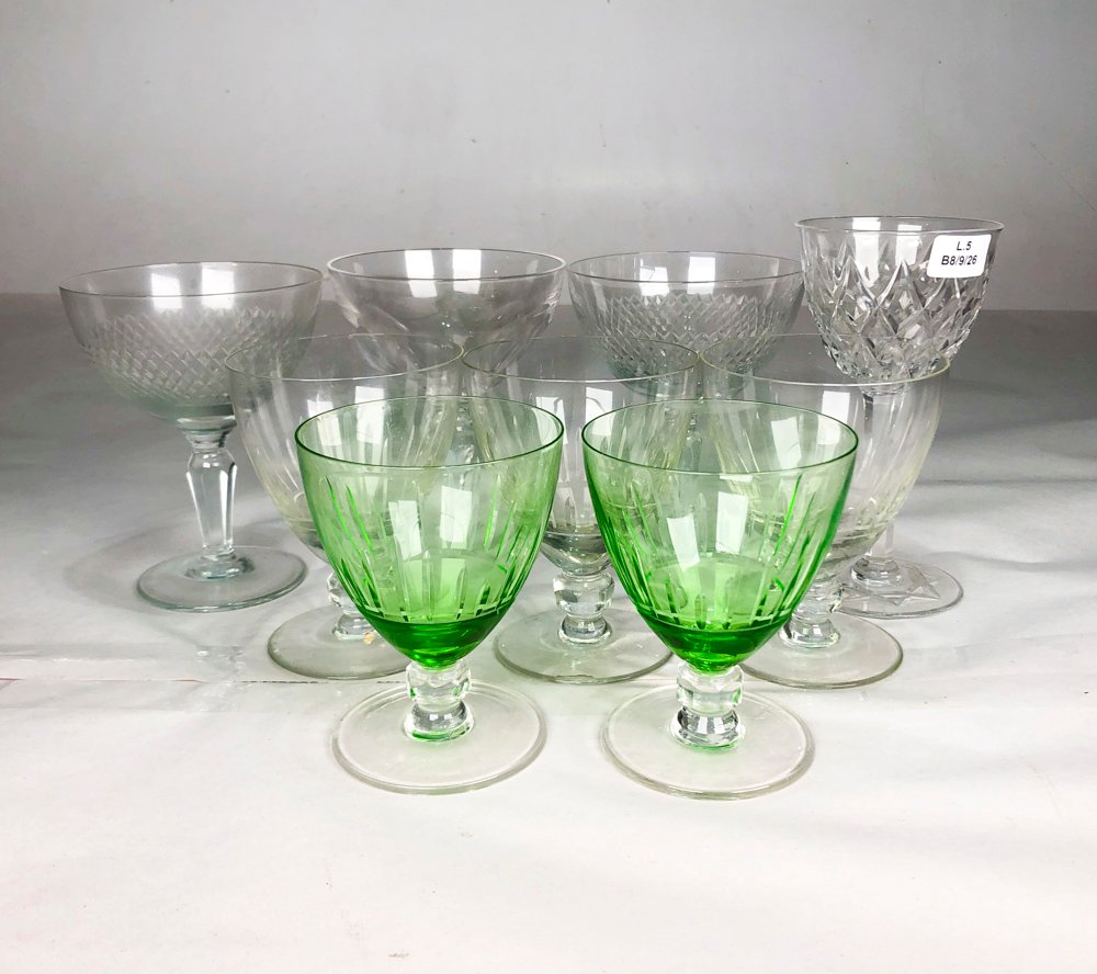 Lote de 9 Copas de Cristal y Hialinas Verdes y Transparentes