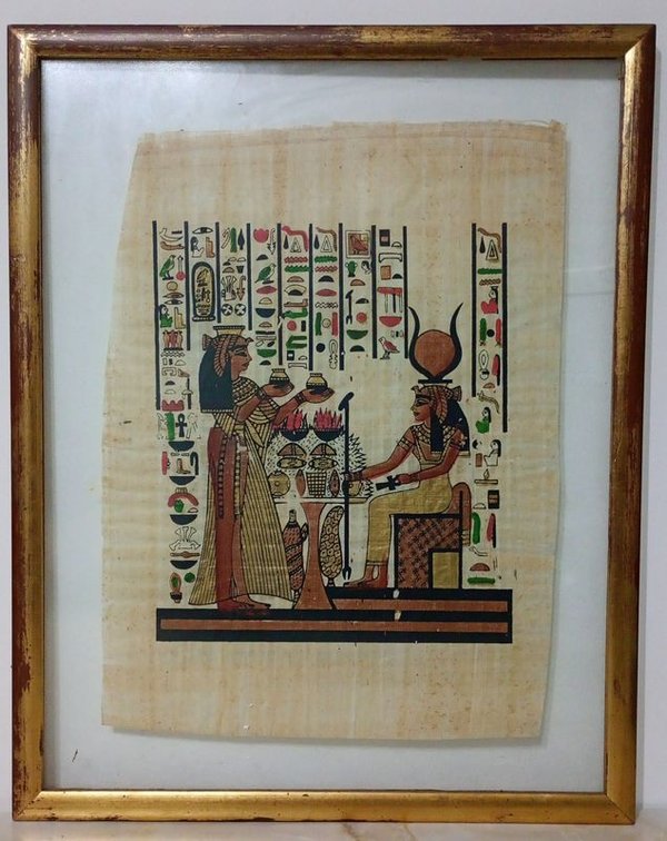 Papiro Egipcio Antiguo con Escena Inspirada en Nefertari, Enmarcado