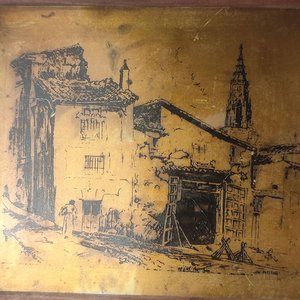 Grabado Metálico "Carpenter's Shop, Toledo" de Lionel Lindsay sobre Base de Madera - imagen 2