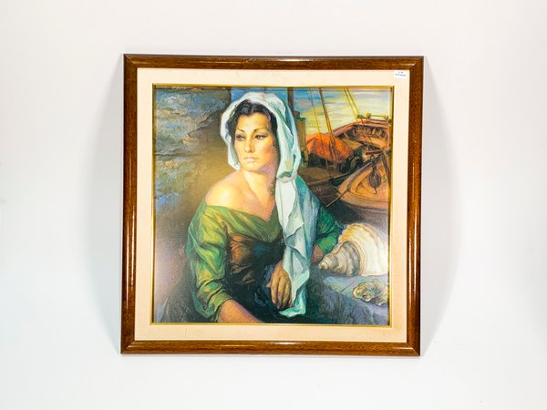 Lote siguiente: Pintura al óleo de una dama y barcos