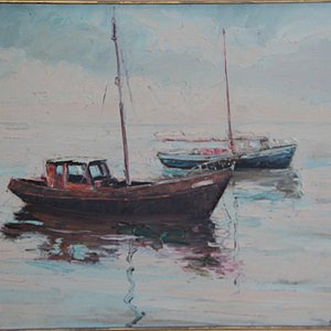 Aldo Curto: Óleo sobre Fibra de Barcas en el Mar con Marco Dorado - imagen 3