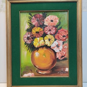 Lote siguiente: Pintura de Flores en Jarrón, Marco de Madera y Paspartú Verde
