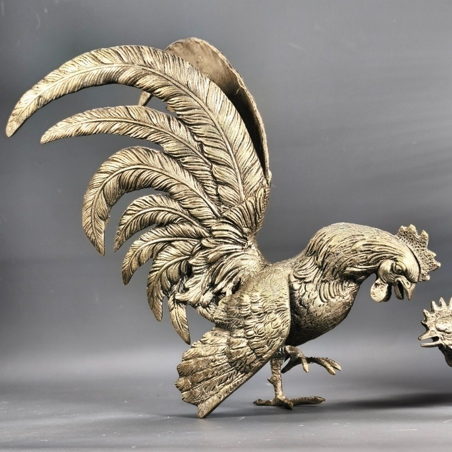 Estatuas de gallos de bronce plateado para decoración - imagen 3
