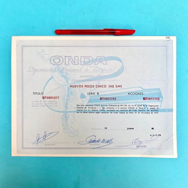 Acción de O.N.D.A. de 1980, Valor N$ 25, Firmada y Sellada - imagen 1