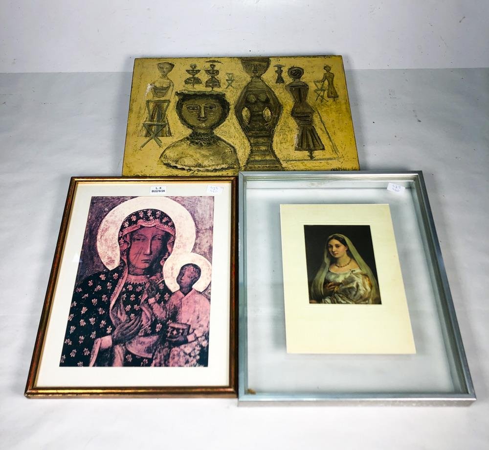 Lote de Tres Láminas Religiosas: Virgen con Niño y Dos Figuras Abstractas
