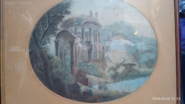 Acuarela Ovalada con Motivo de Jardín y Ruinas Clásicas