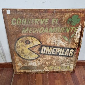 Cartel Metálico Oxidado Diseño Pac-Man "Conserve el Medioambiente" - imagen 1