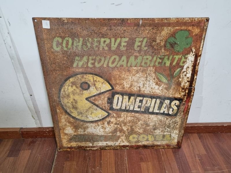 Cartel Metálico Oxidado Diseño Pac-Man "Conserve el Medioambiente"